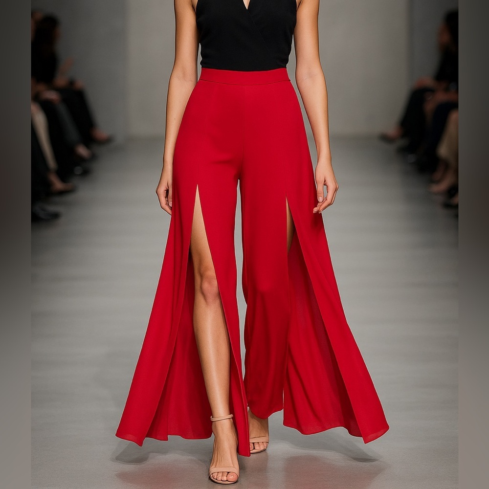COMO ELEGANT RED WOMENS FLOWY PANTS WITH FRONT SLITS
